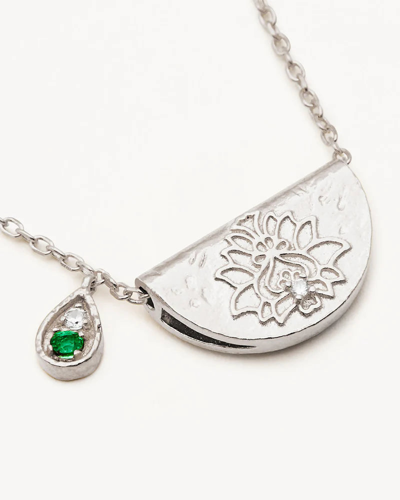 By Charlotte Sterling Silver Lotus Birthstone Necklace - May - Emerald