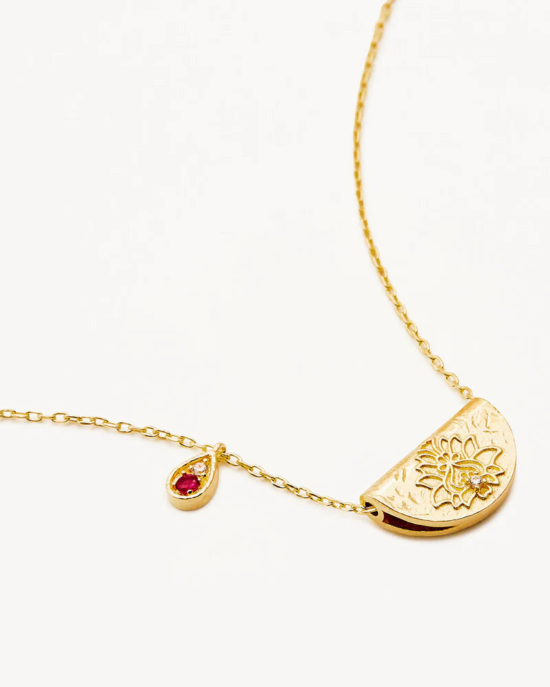 By Charlotte 18k Gold Vermeil Lotus Birthstone Necklace - July - Ruby
