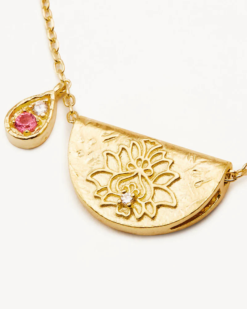 By Charlotte 18k Gold Vermeil Lotus Birthstone Necklace - October - Pink Tourmaline