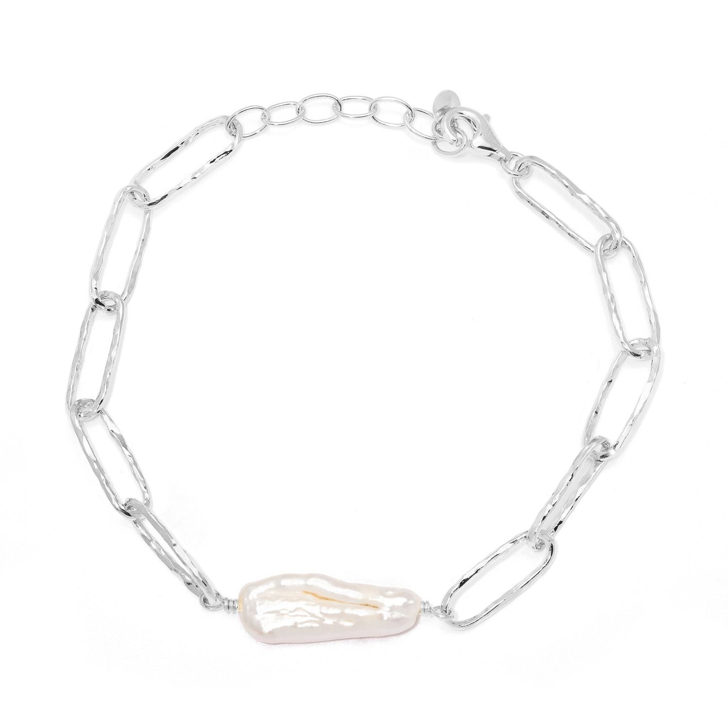 Sterling Silver Textured Keshi Pearl Linked Bracelet