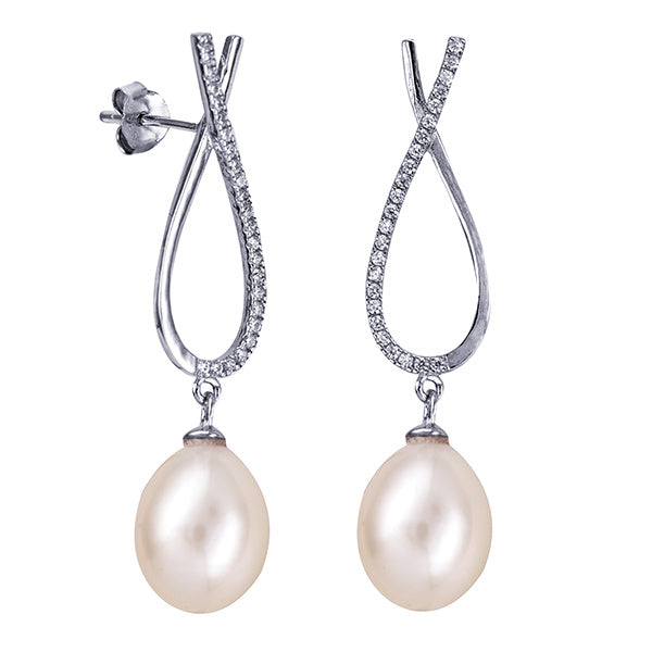 Sterling Silver Oval Freshwater Cultured Pearl White Cubic Zirconia Drop Earrings