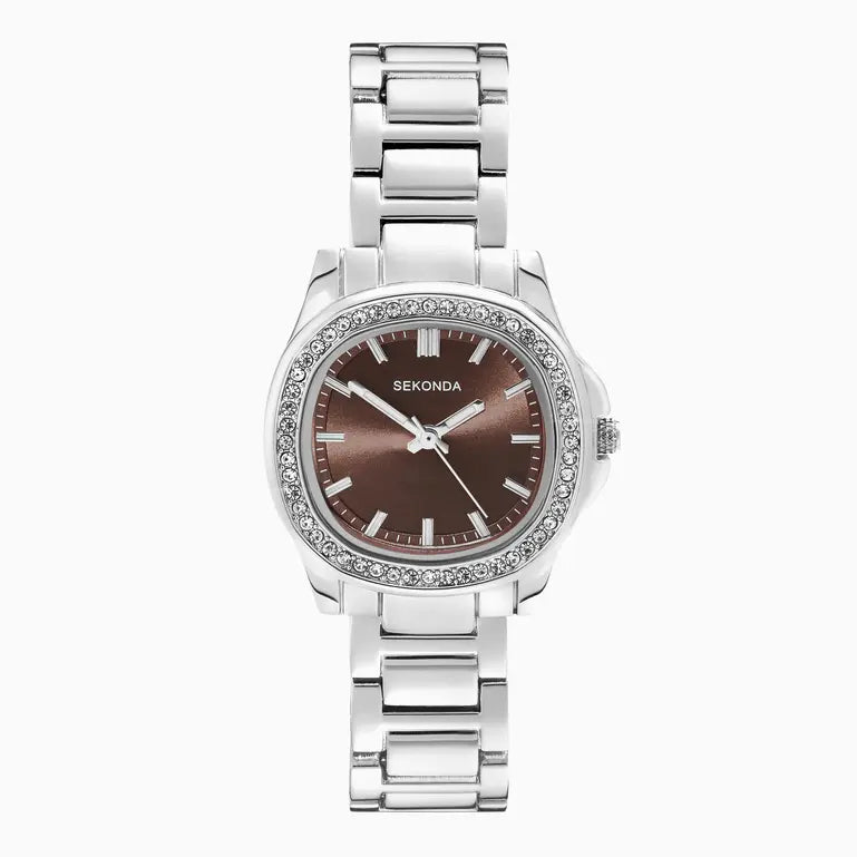 Sekonda Octaire Ladies Watch | Silver Alloy Case & Stainless Steel Bracelet with Brown Dial