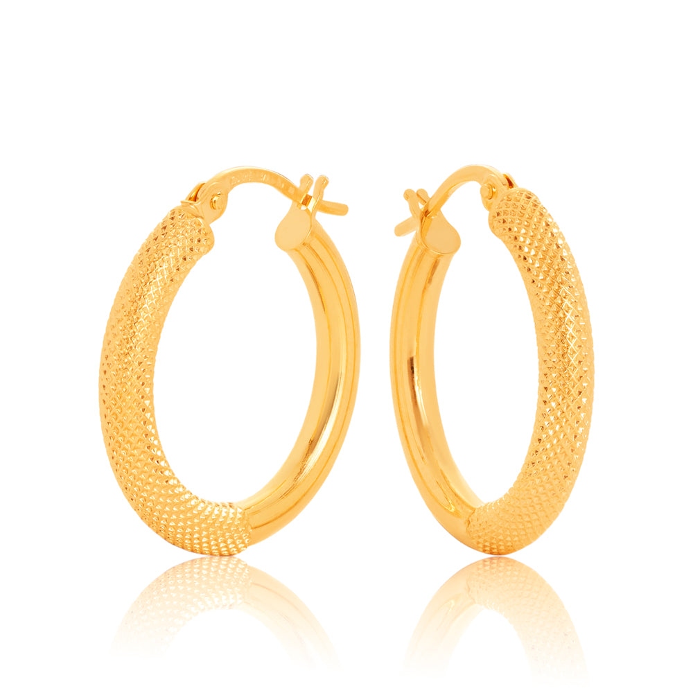 9ct Yellow Gold Round 15mm Mesh/Plain Hoop Earrings
