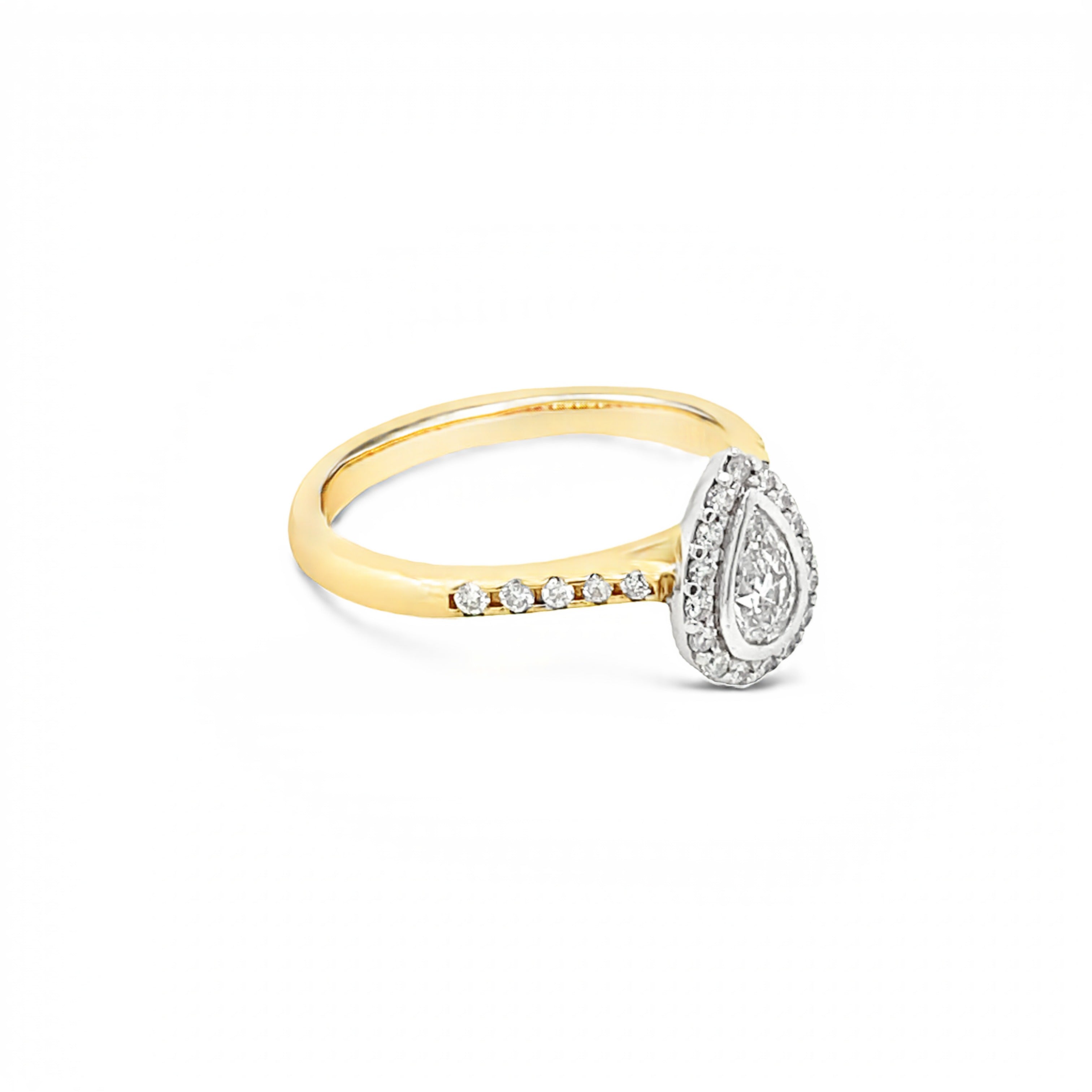 18ct Two Tone Pear Cut Halo Diamond Ring