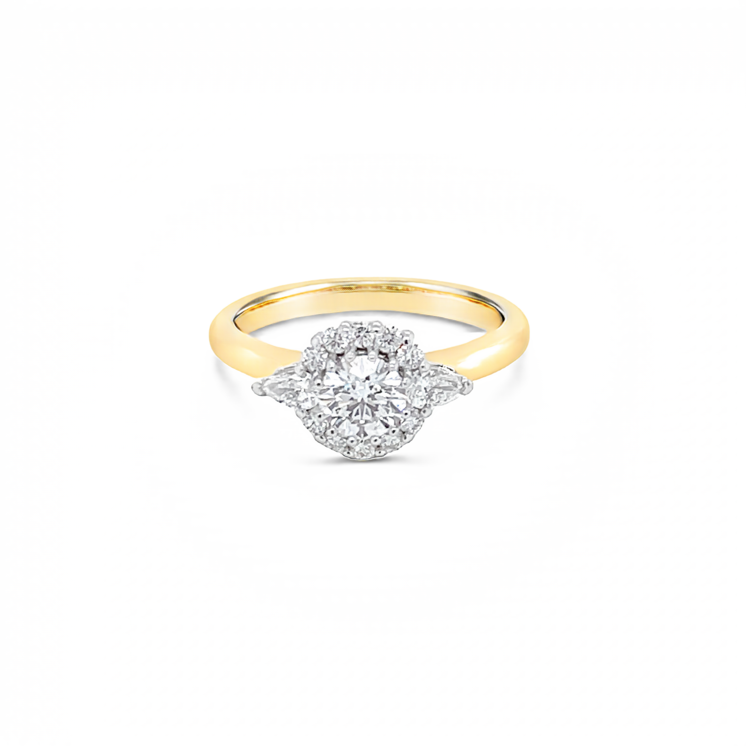 18ct Yellow and White Gold Round Brilliant Cut and Pear Cut Diamond Halo Ring