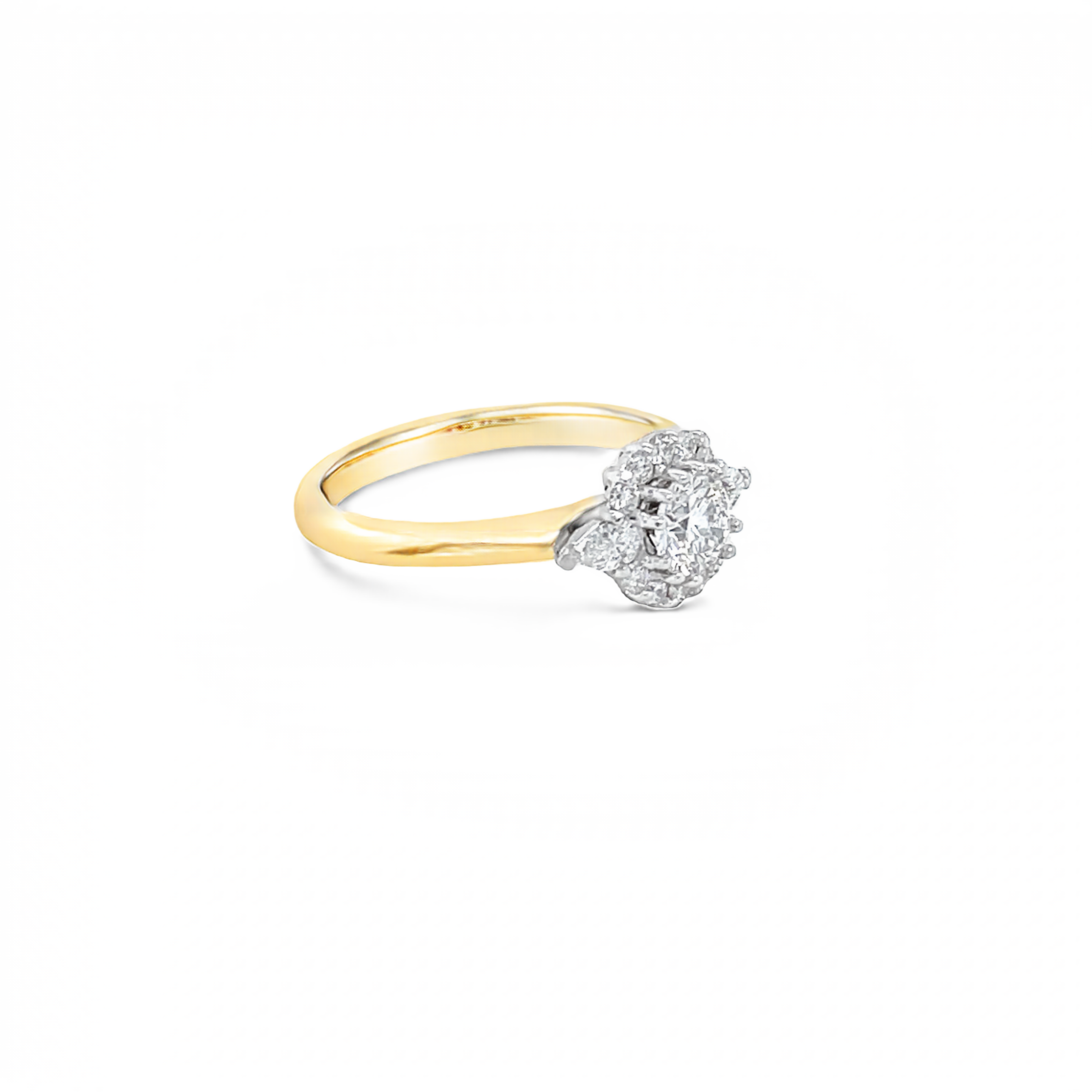 18ct Yellow and White Gold Round Brilliant Cut and Pear Cut Diamond Halo Ring