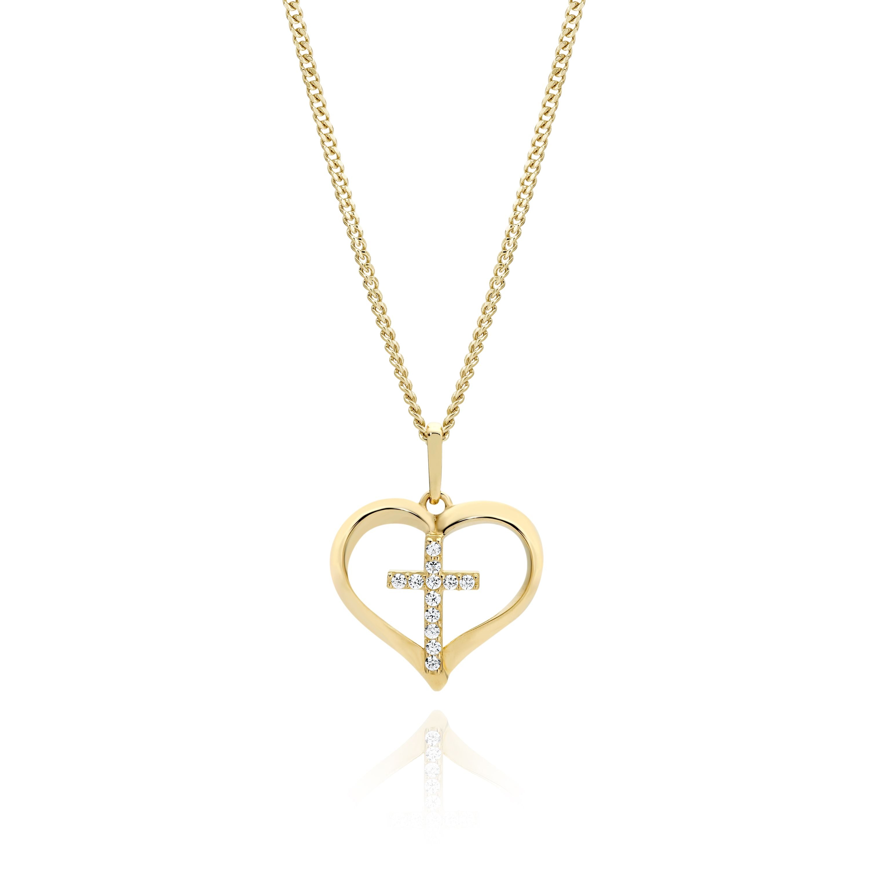 9ct Yellow Gold Heart Cross Cubic Zirconia Pendant