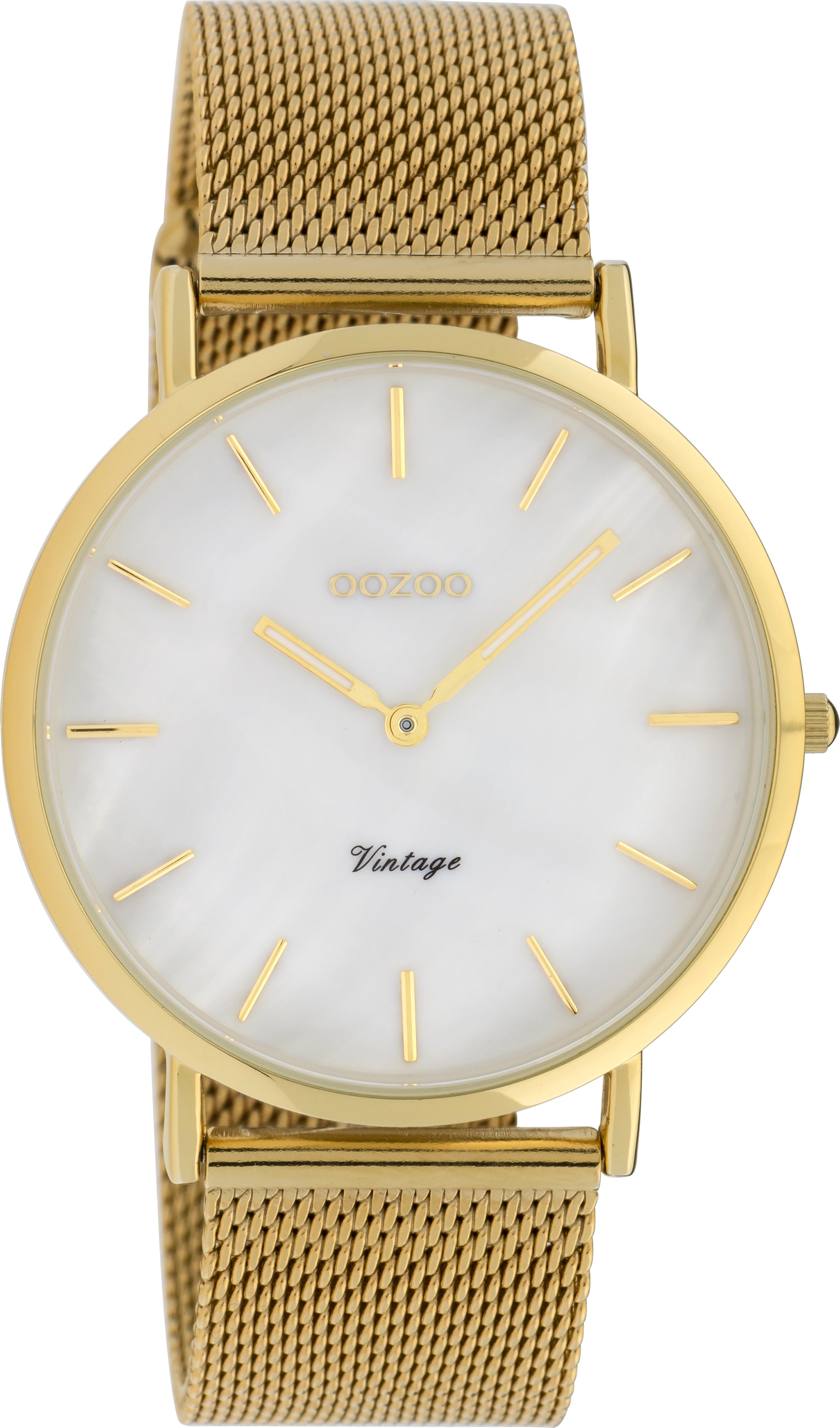 OOZOO 40mm Gold White Pearl Mesh Watch