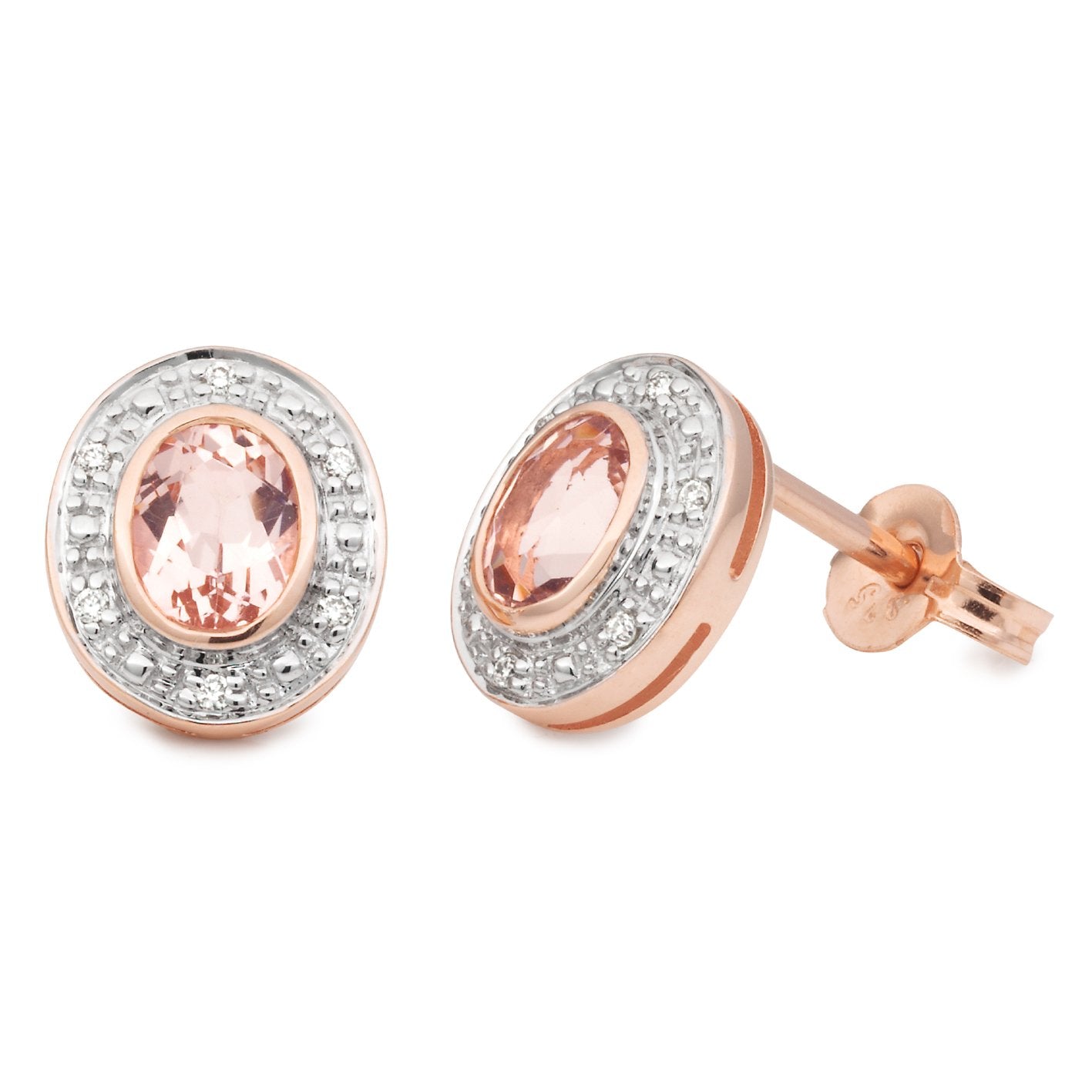 Morganite & Diamond Bezel/Bead Set Stud Earrings in 9ct Rose Gold