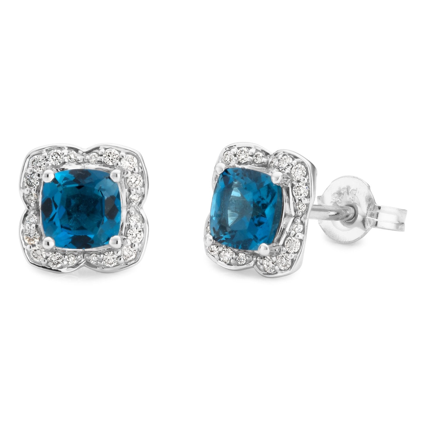 London Blue Topaz & Diamond Claw/Bead Set Stud Earrings in 9ct White Gold