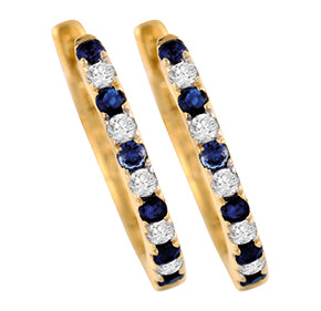 9ct Yellow Gold Sapphire and Diamond Claw Set Huggies