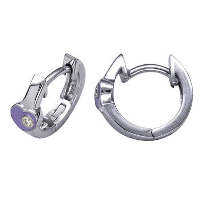 Sterling Silver White Cz Lavender Enamel Heart Huggies