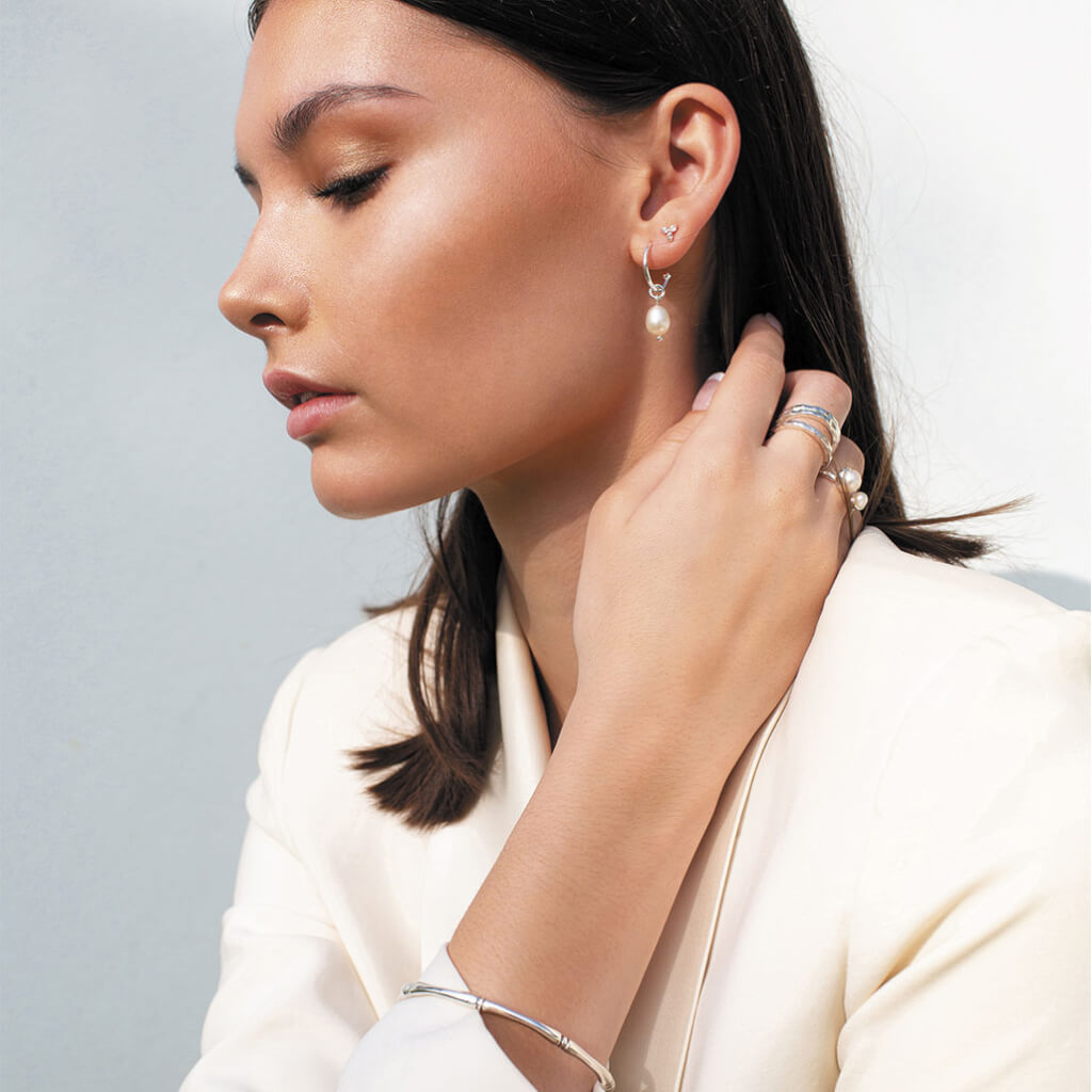 Murkani Trinity Stud Earrings With White Topaz In Rose Gold Plate