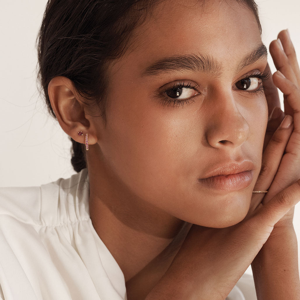 Murkani Yellow Gold Plated Pink Rhodolite 13mm Huggies