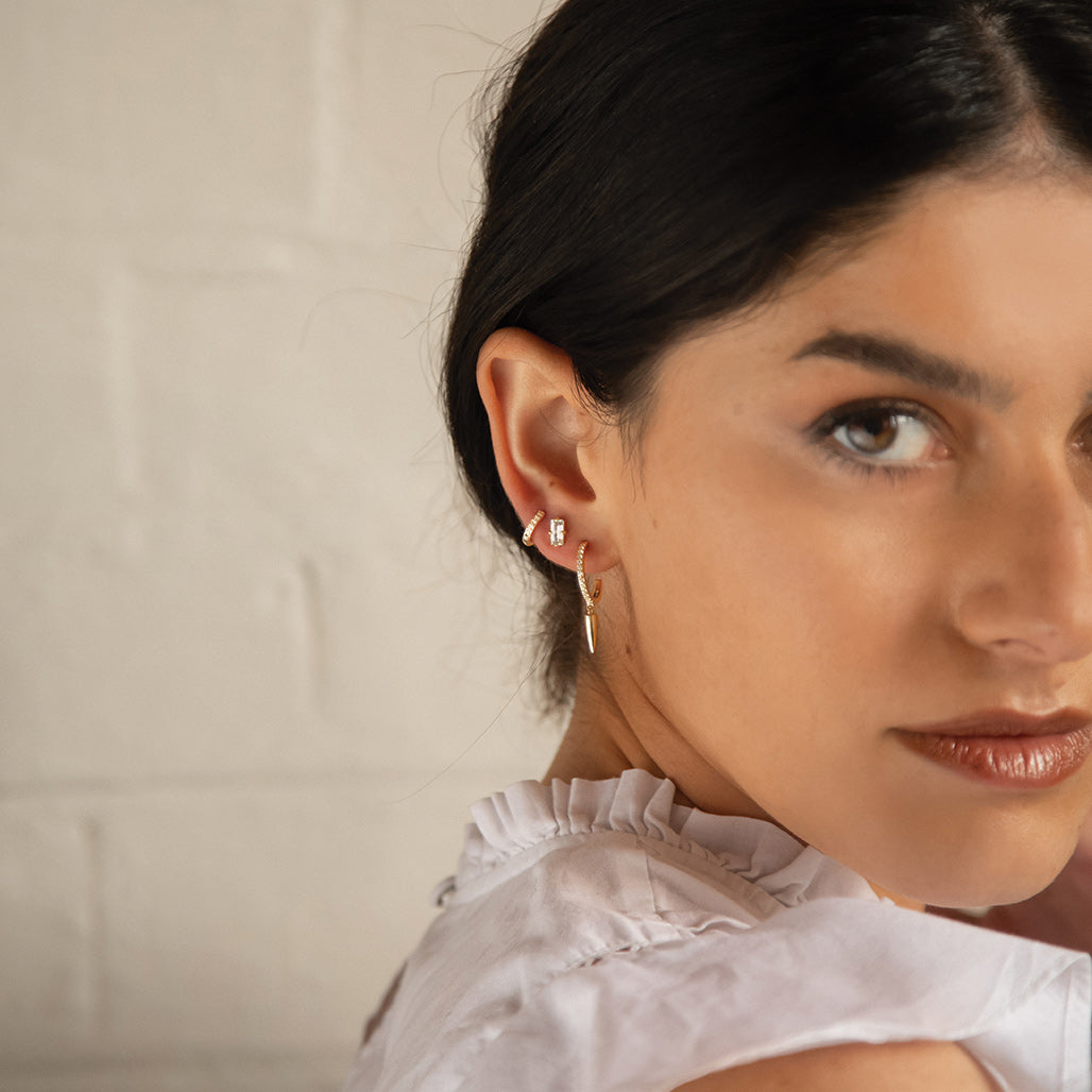 Murkani Baguette Stud- White Topaz in Yellow Gold Plate