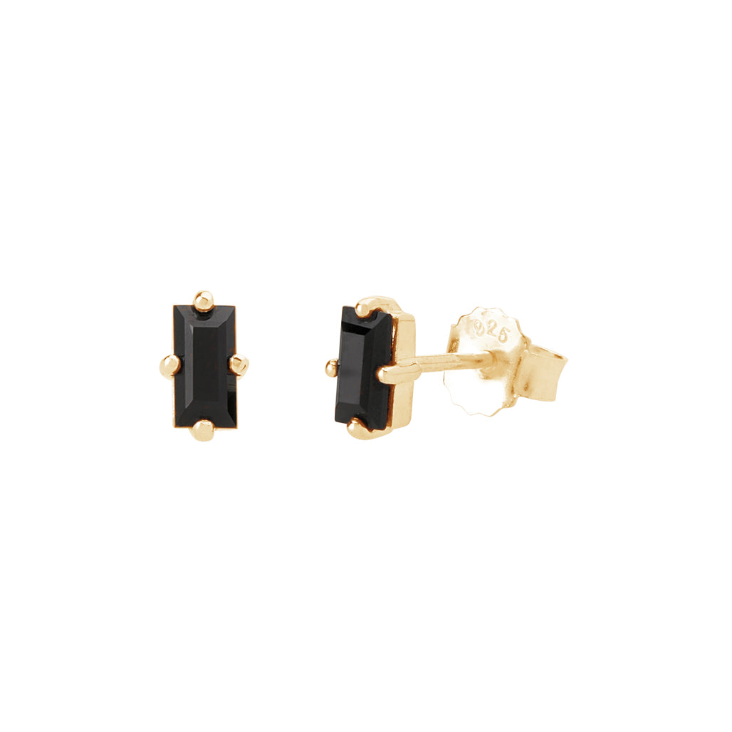 Murkani Yellow Gold Plated Baguette Black Spinel Stud Earrings
