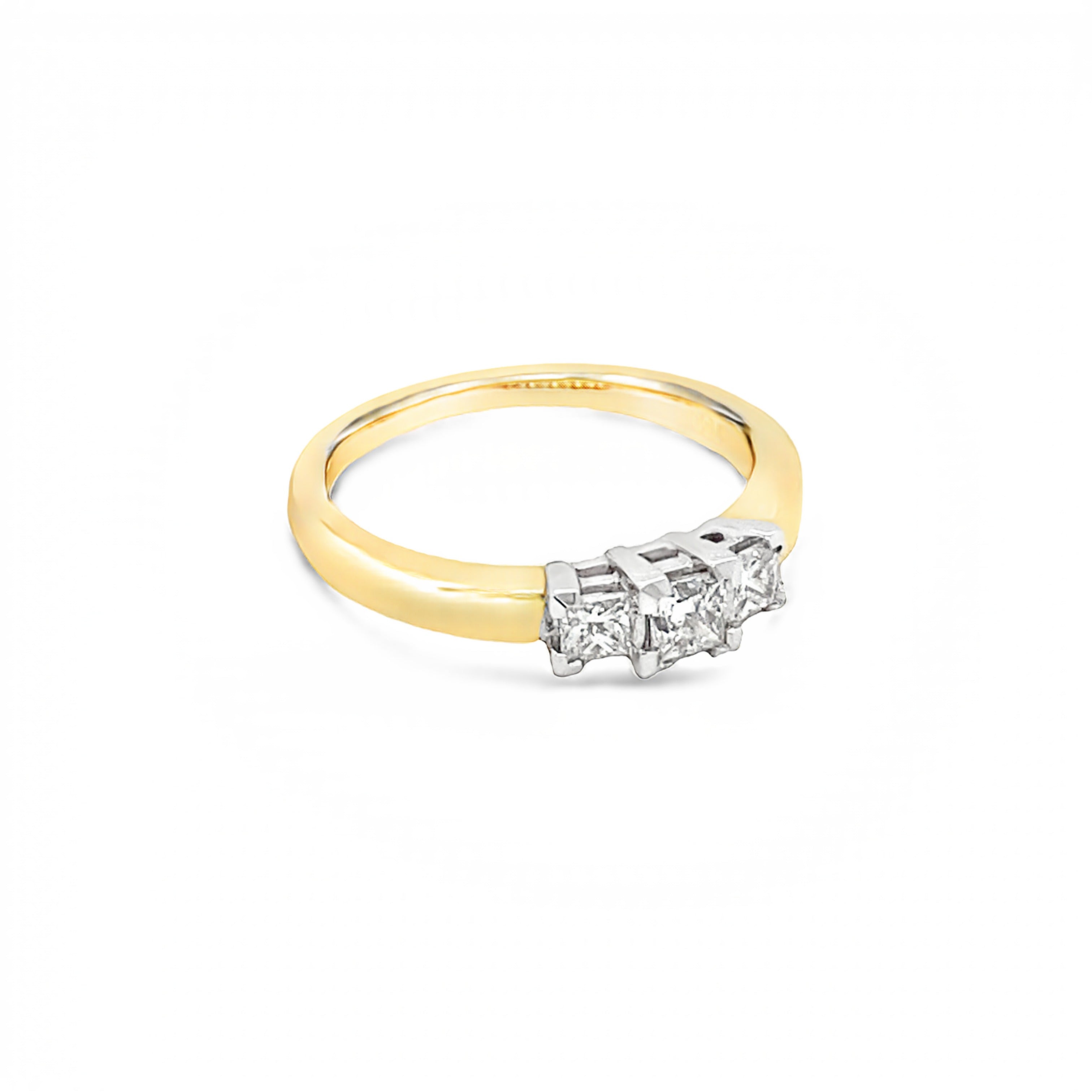 18ct Yellow Gold Claw Set Princess Cut Trilogy Style Ring