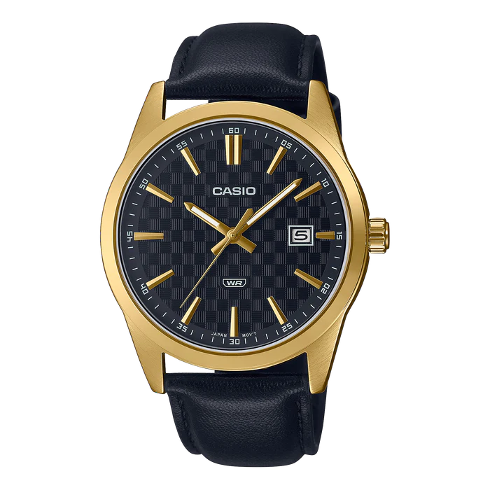 Casio Gents Analog Black Checker Pattern Face with Leather Band