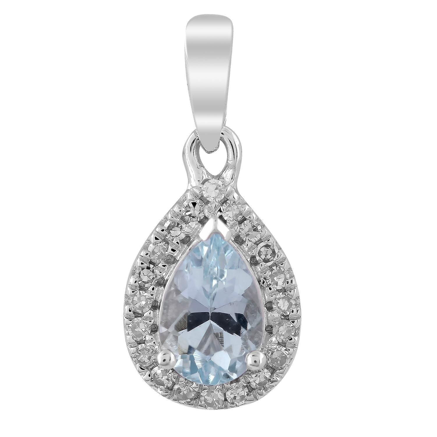 9ct White Gold Diamond and Aquamarine Pear Shaped Pendant