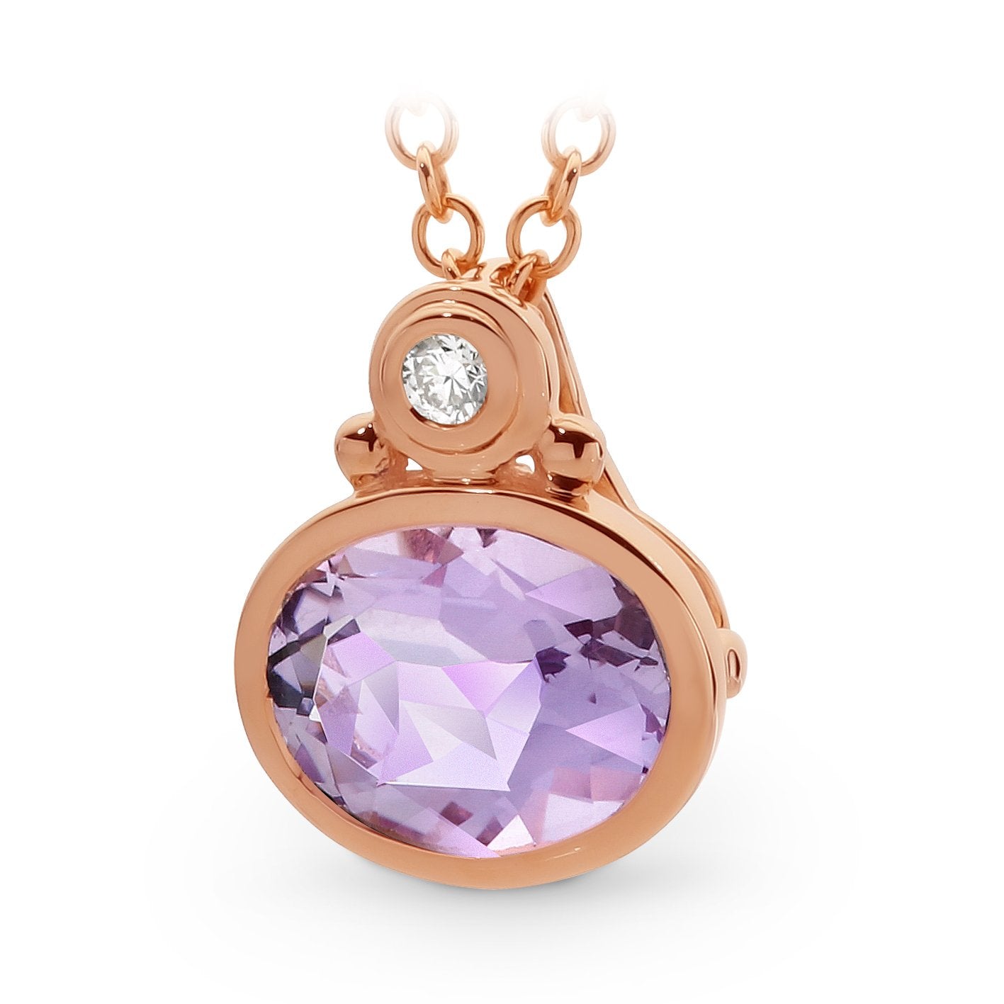 9ct Rose Gold Pink Amethyst & Diamond Bezel Set Pendant