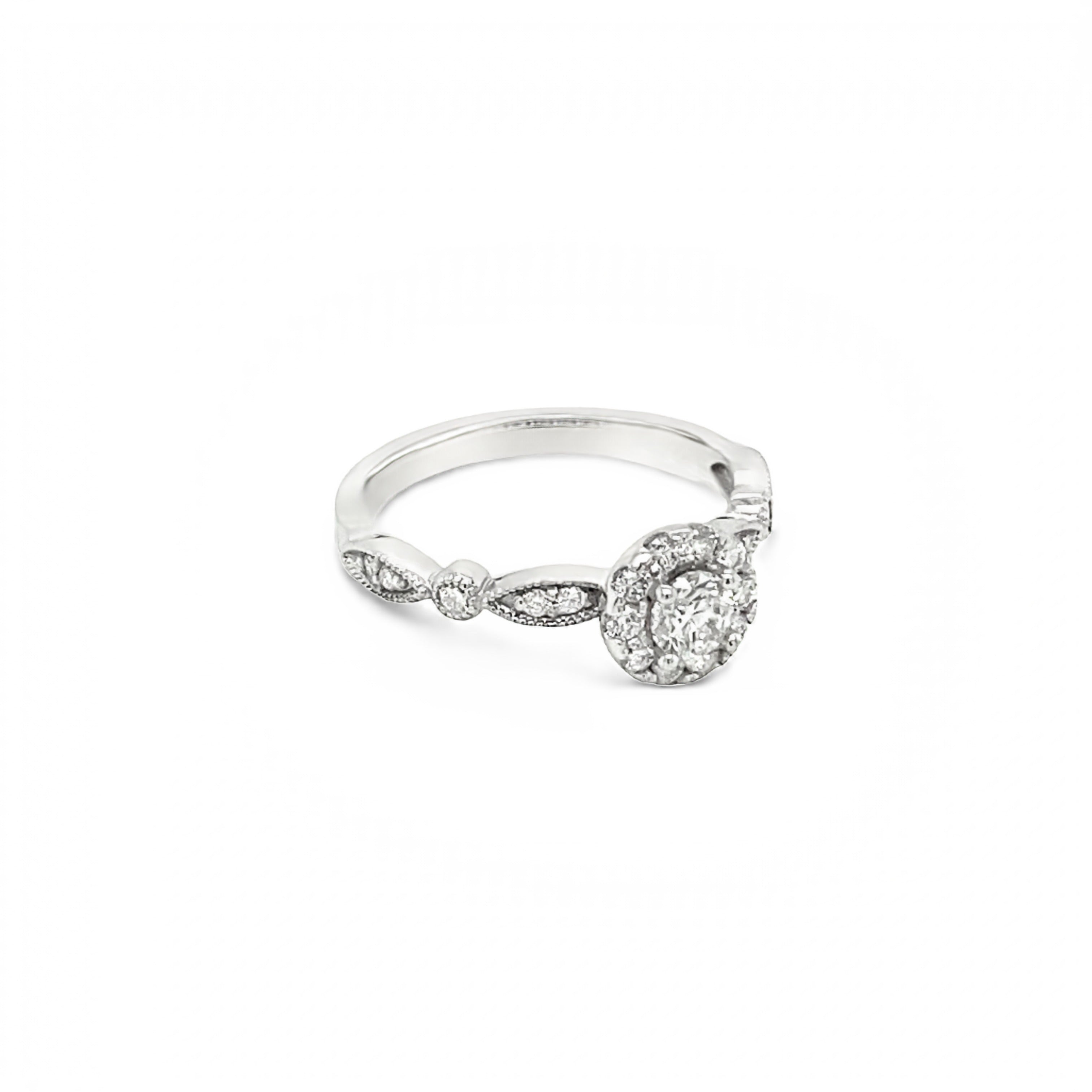 Platinum Halo Antique Style Round Brilliant Cut Diamond Ring