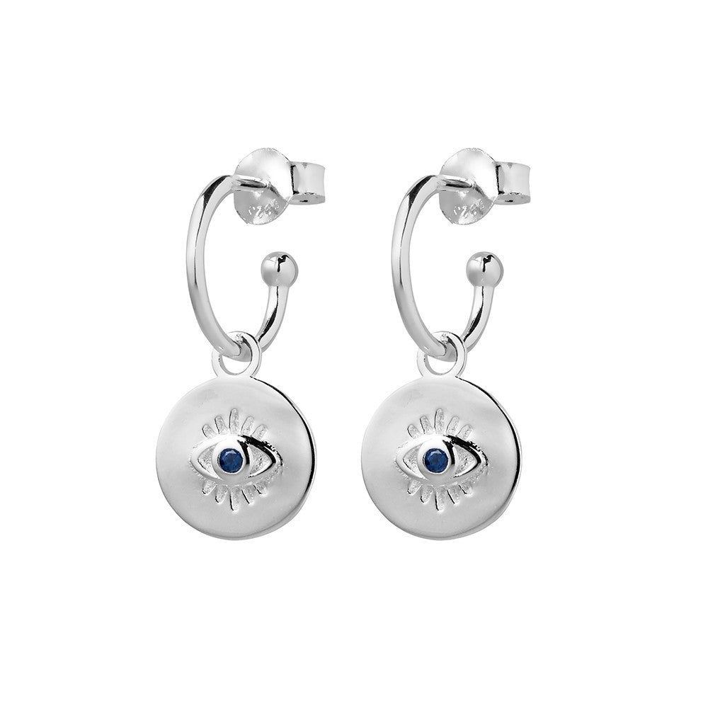 Sterling Silver Evil Eye Cz Hoop Earrings