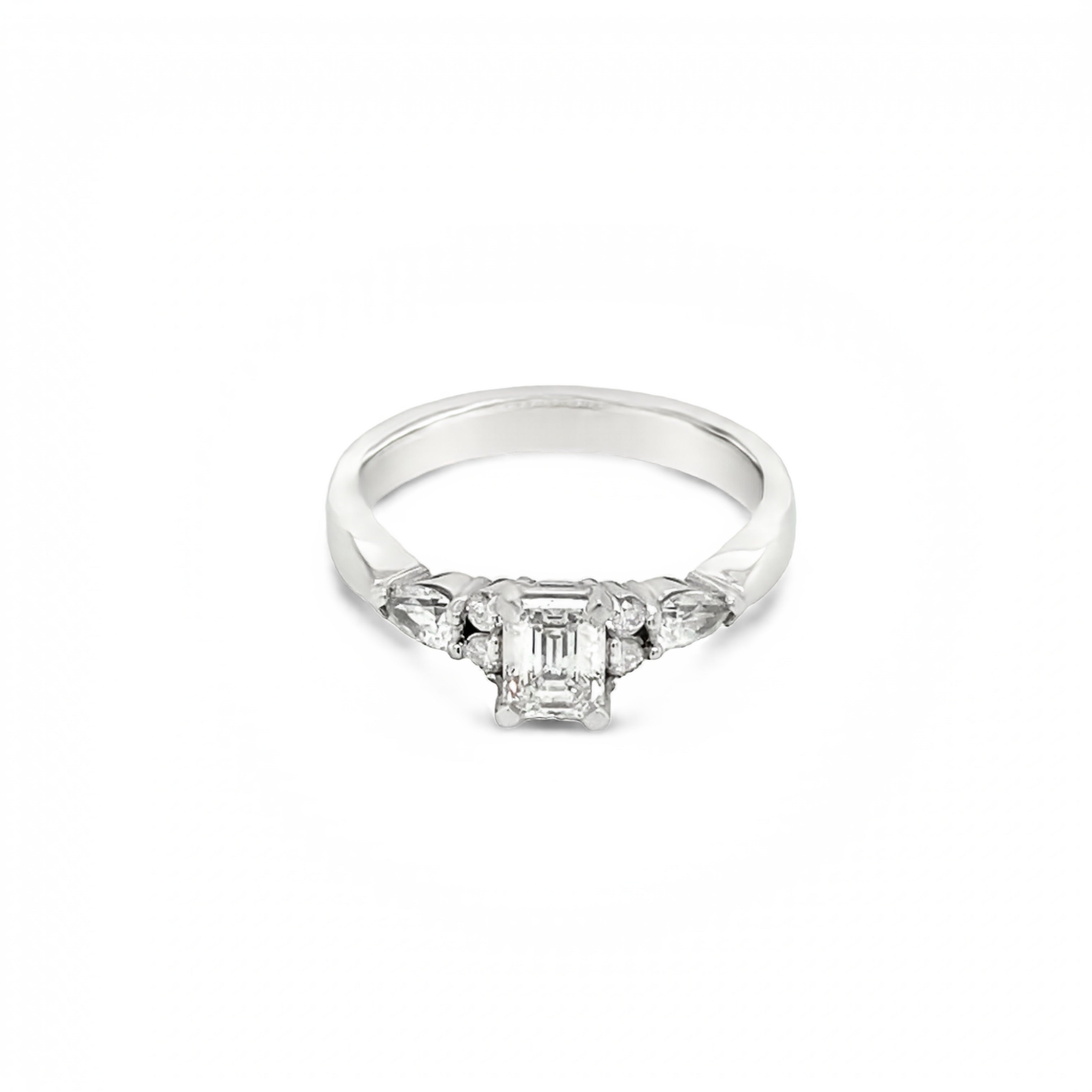 18ct White Gold Emerald, Round, Pear Diamond Ring