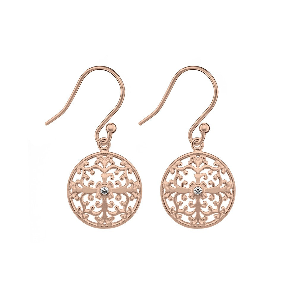 Rose Gold Plate Filigree and Cz Drop Earrings