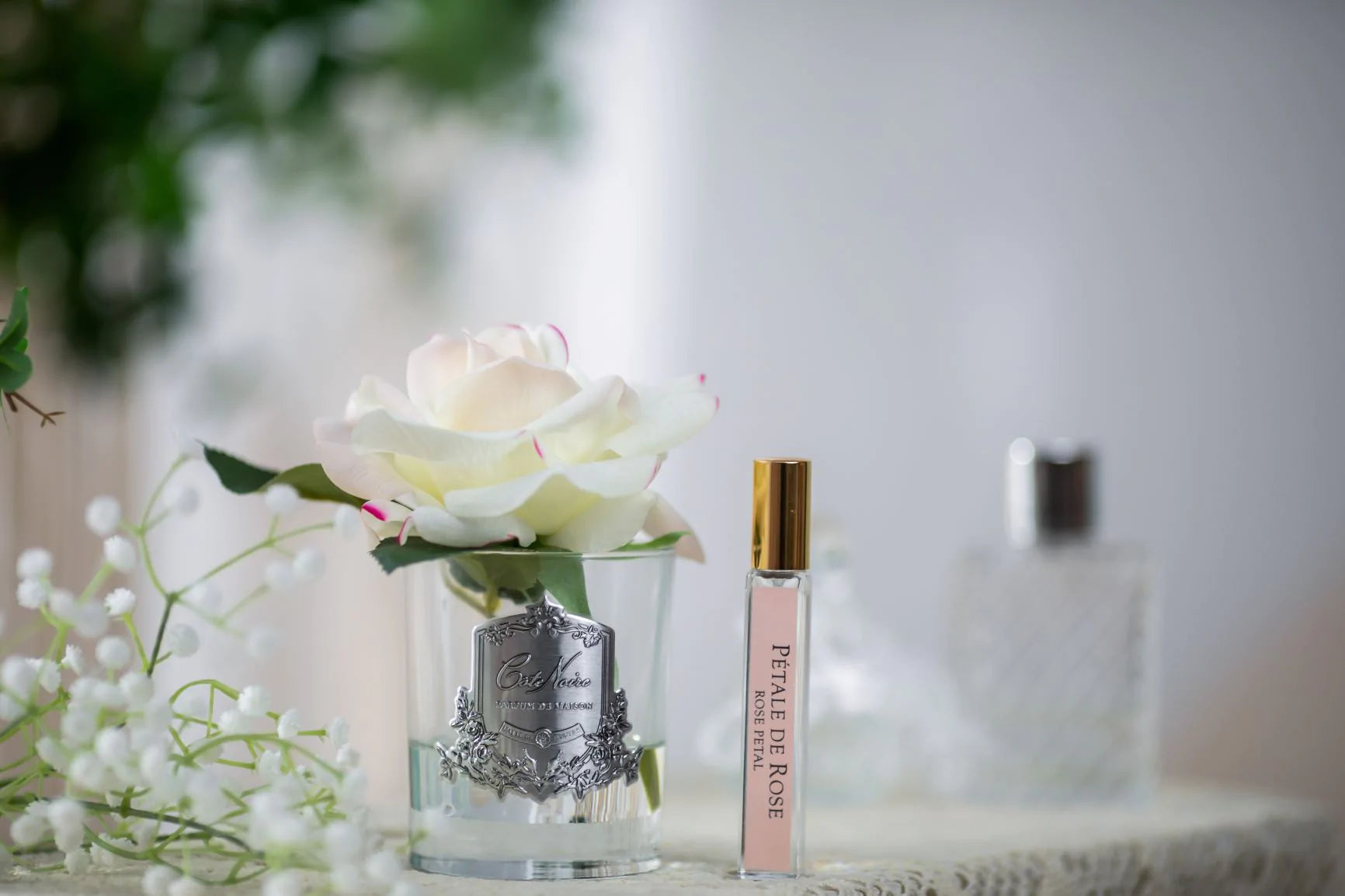 Cóte Noire Single Rose Pink Blush Clear Glass with Silver Crest