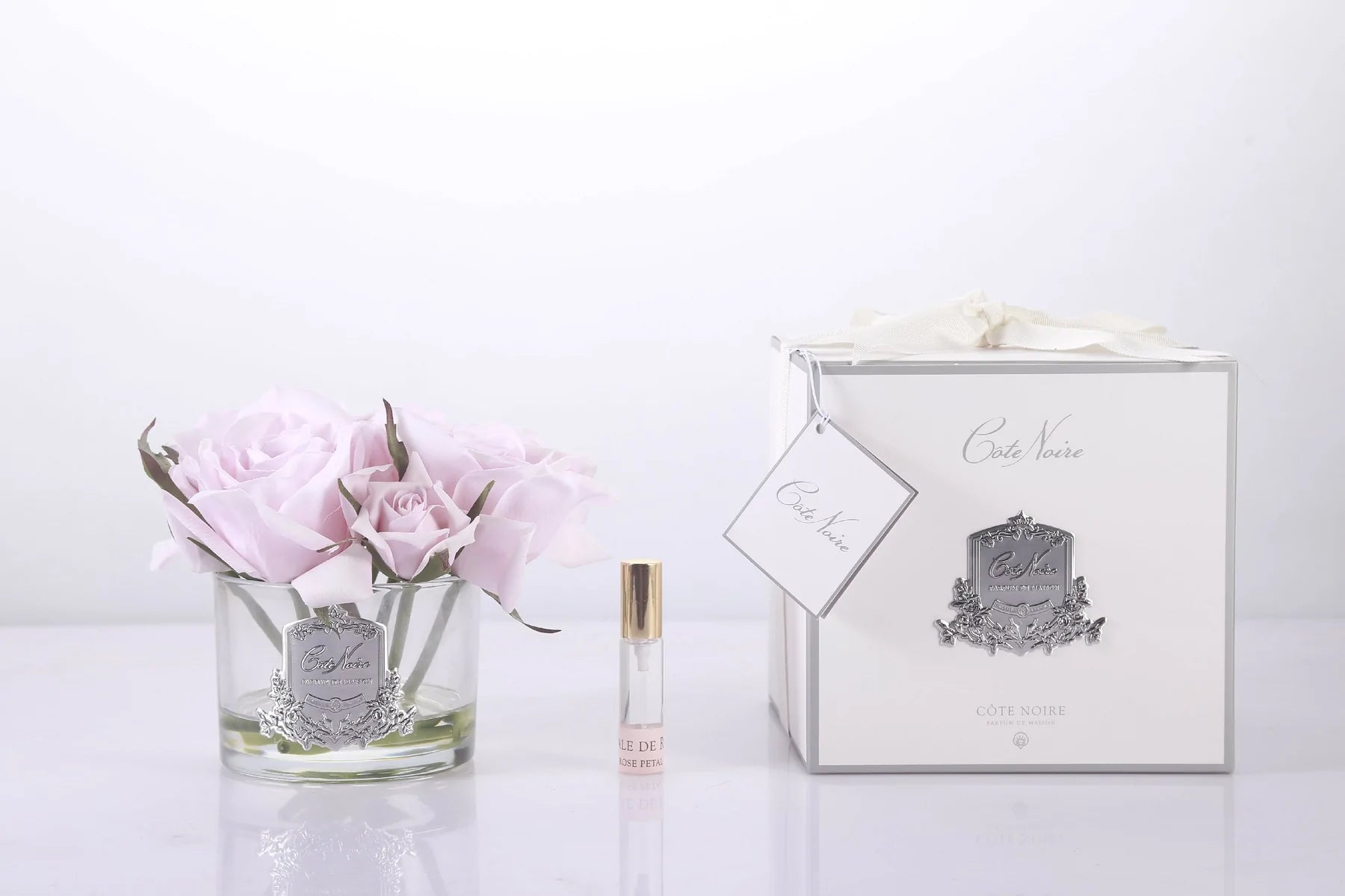 Cóte Noire Five Rose French Pink Clear Glass with Silver Crest