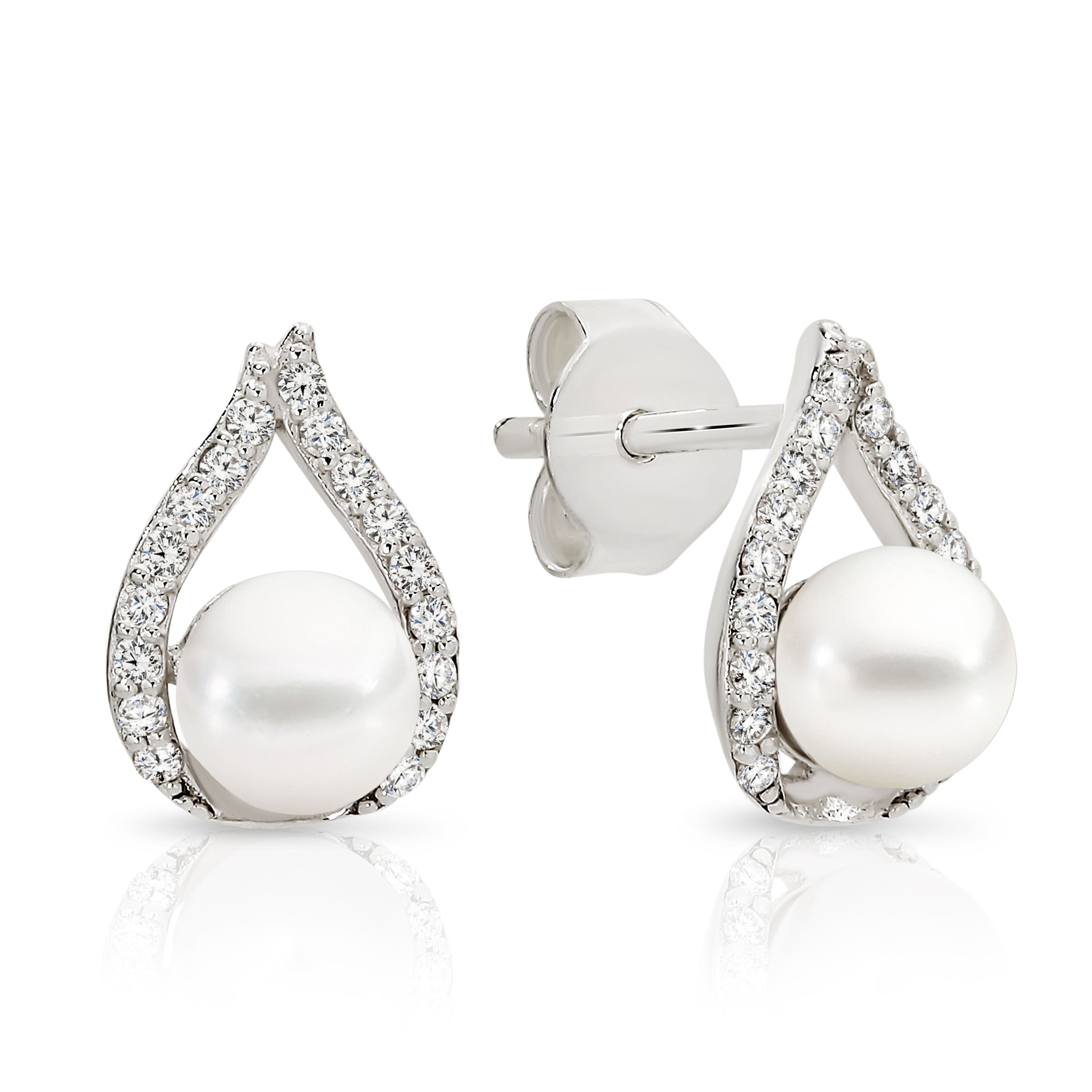 Sterling Silver Freshwater Pearl Cubic Zirconia Pear Shape Studs