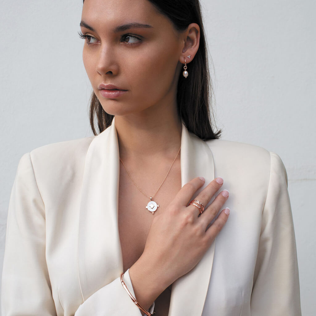 Murkani Trinity Stud Earrings With White Topaz In Rose Gold Plate