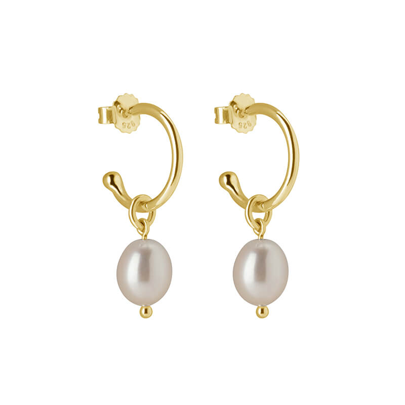 Petites Small Hoop With Pearl Drop Earrings In 18 KT Yellow Gold Plate