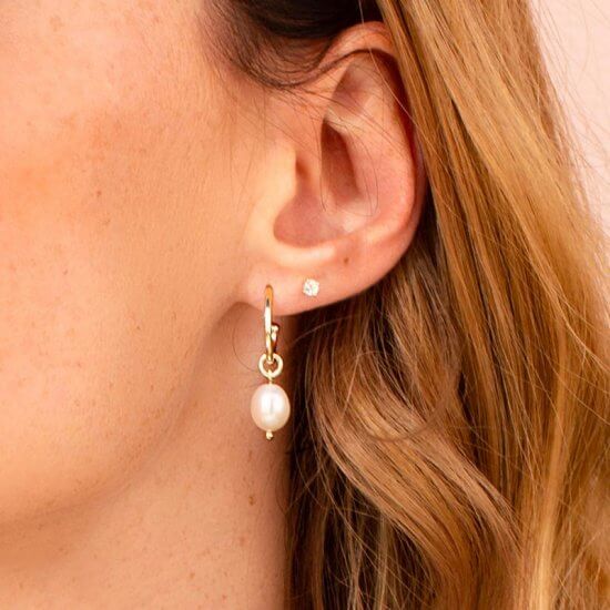 Petites Small Hoop With Pearl Drop Earrings In 18 KT Yellow Gold Plate