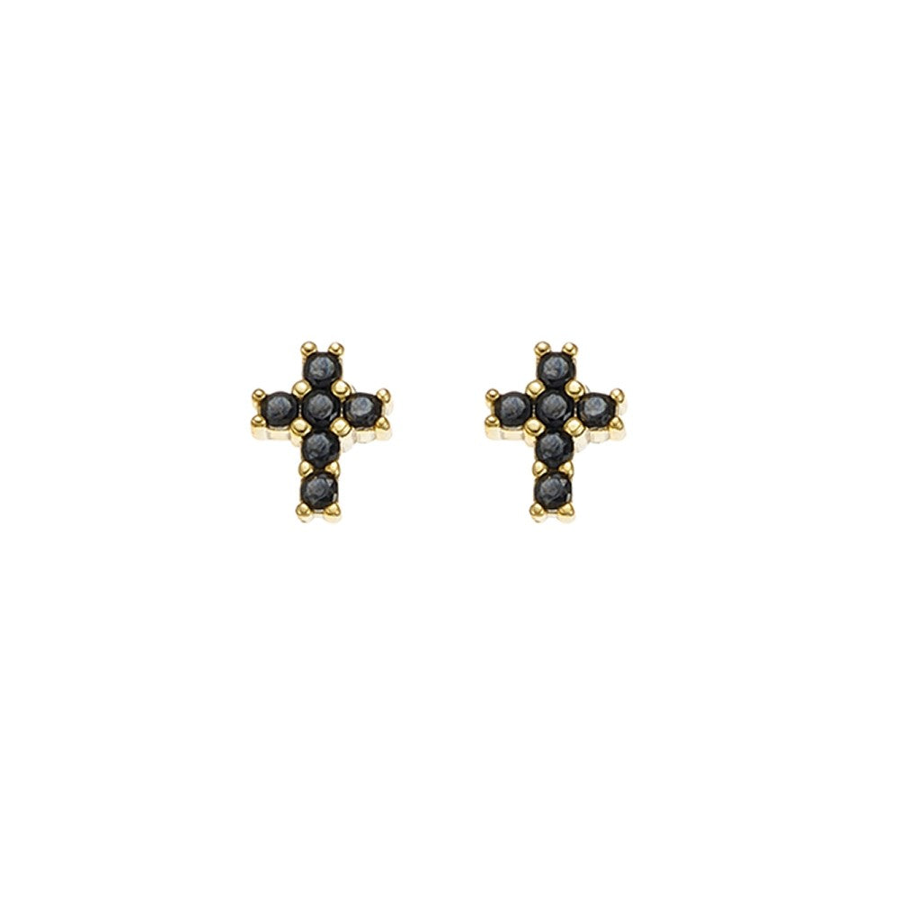 Gold Plated Black Cubic Zirconia Cross Stud Earrings