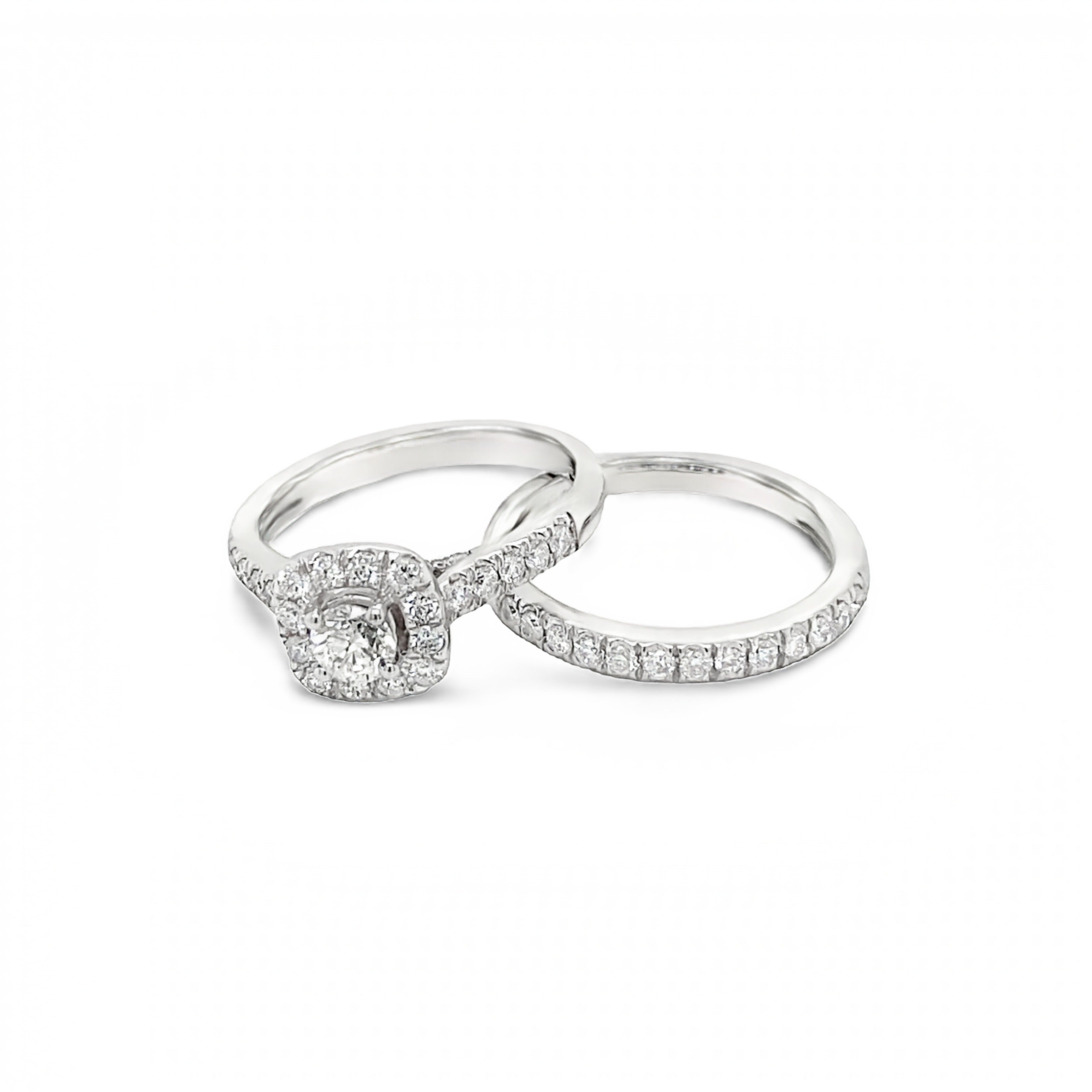 14ct White Gold Round Brilliant Cut Cushion Style Halo Ring Set