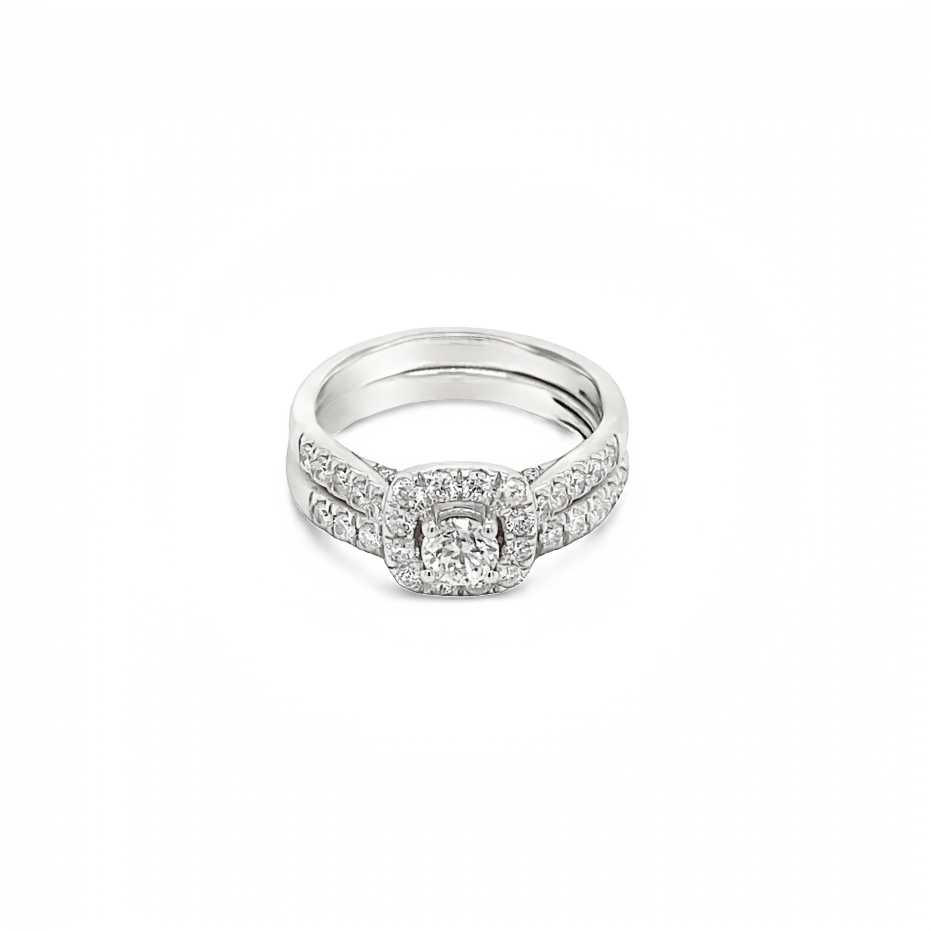 14ct White Gold Round Brilliant Cut Cushion Style Halo Ring Set