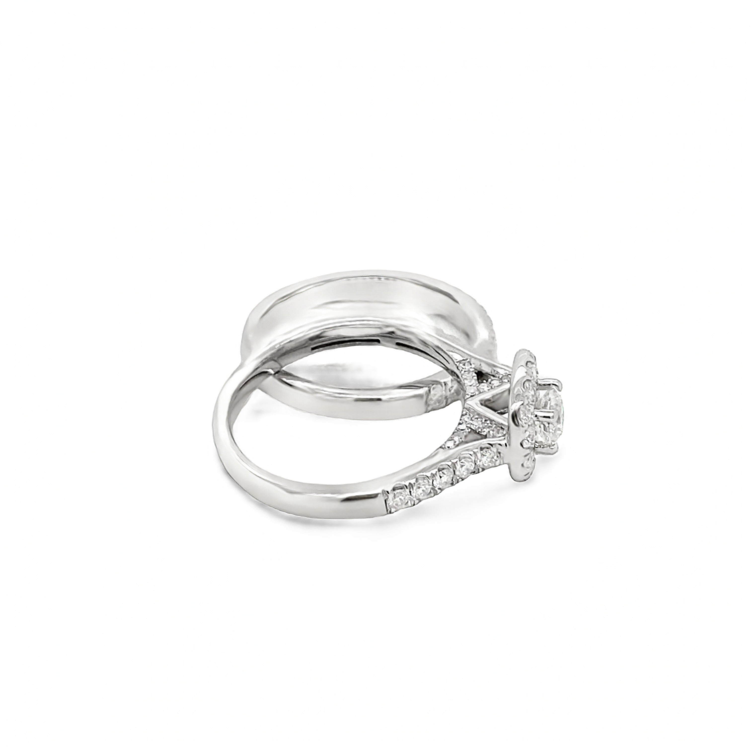 14ct White Gold Round Brilliant Cut Cushion Style Halo Ring Set