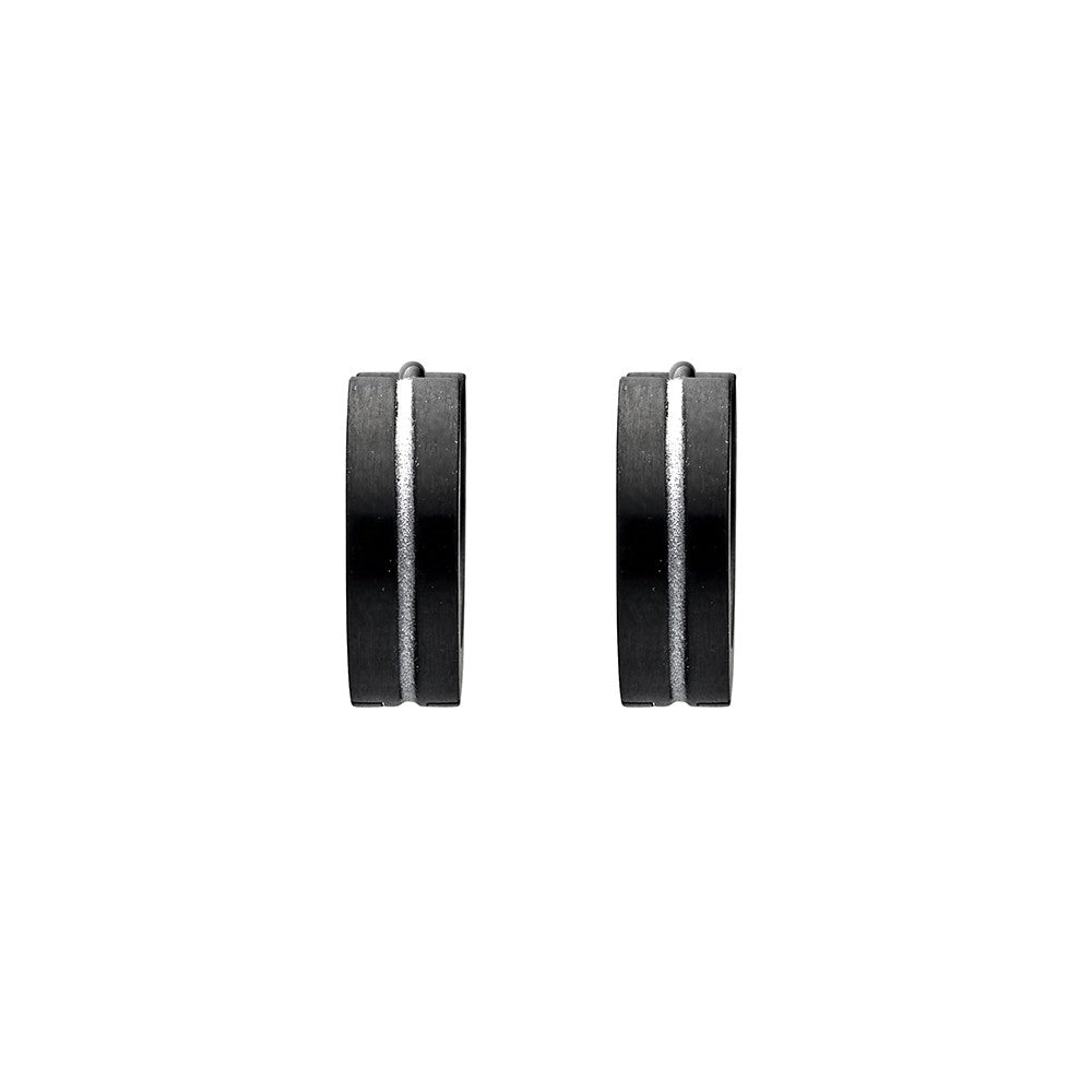Stainless Steel Men's Huggie Earrings with Black Finish and Silver Line Detail