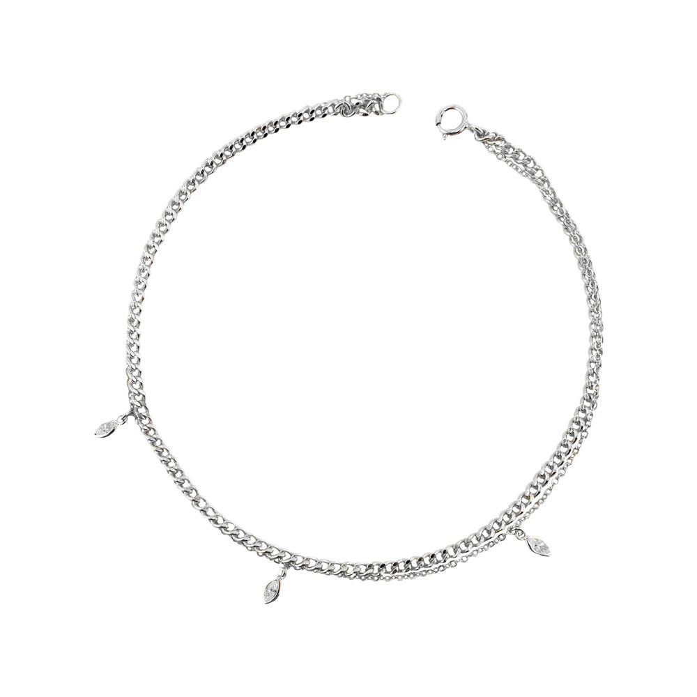 Sterling Silver Layered Anklet with Multi White Cubic Zirconias