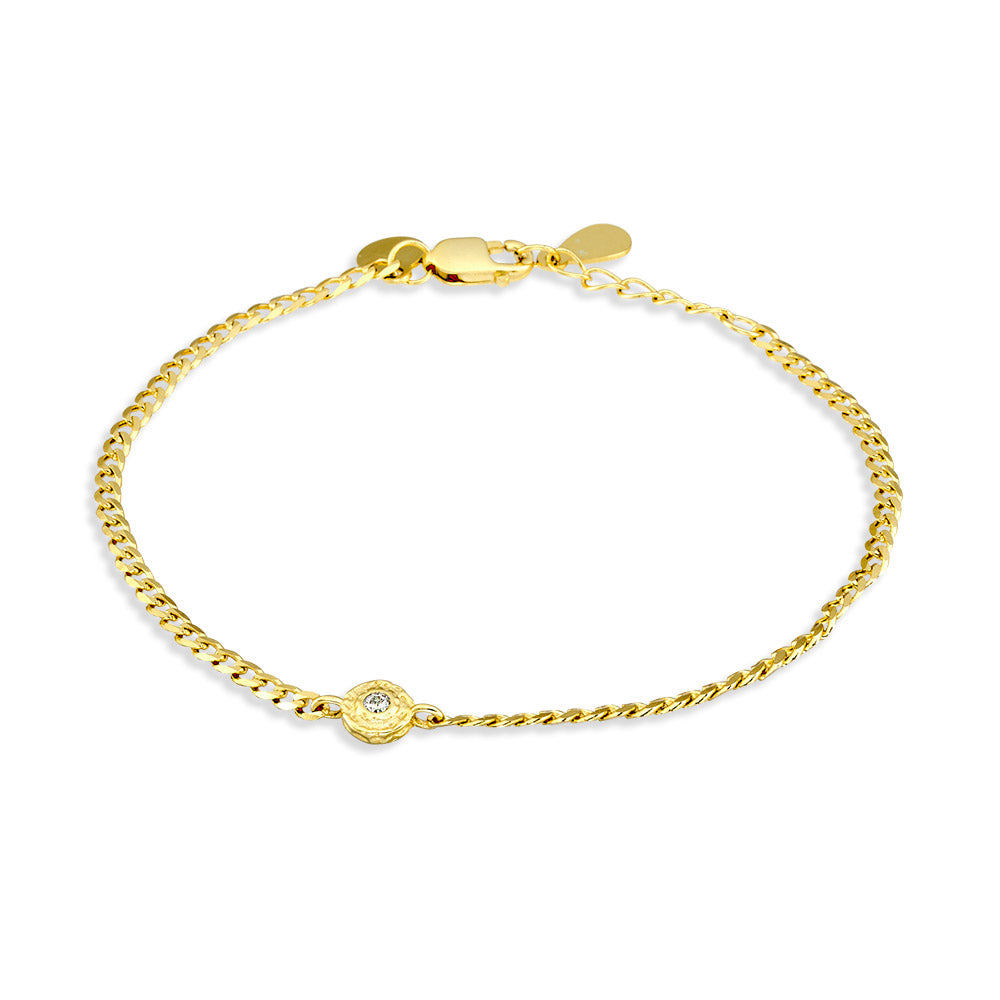Gold Plated Flat Curb Bracelet with Hammered Circle- Emerald Cubic Zirconia
