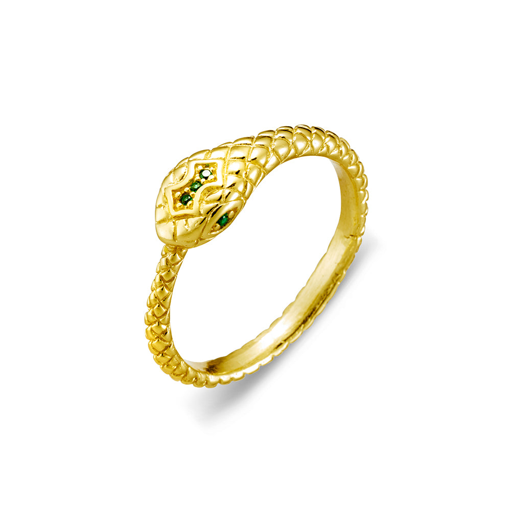 Gold Plated Ouroboros Snake Ring with Emerald Cubic Zirconia Detail