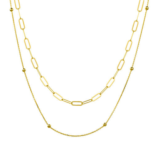 Gold Plated Tiered Double Necklace- Paperclip link and Ball Detailed Chain
