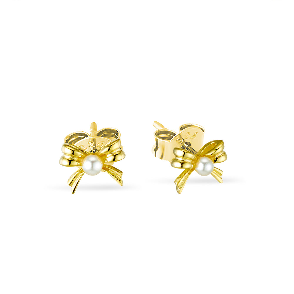 Gold Plated Mini Bow with Pearl Stud Earrings