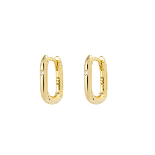 Gold Plated Oval Shaped Hoop Earrings with Cubic Zirconia Stones