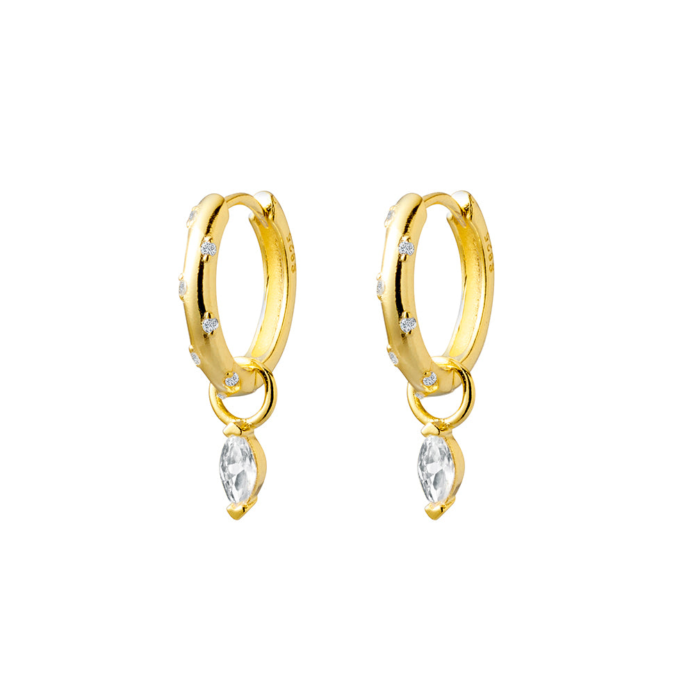 Gold Plated Scattered Set Cubic Zirconia Huggie Earrings with Pear Shaped Drop