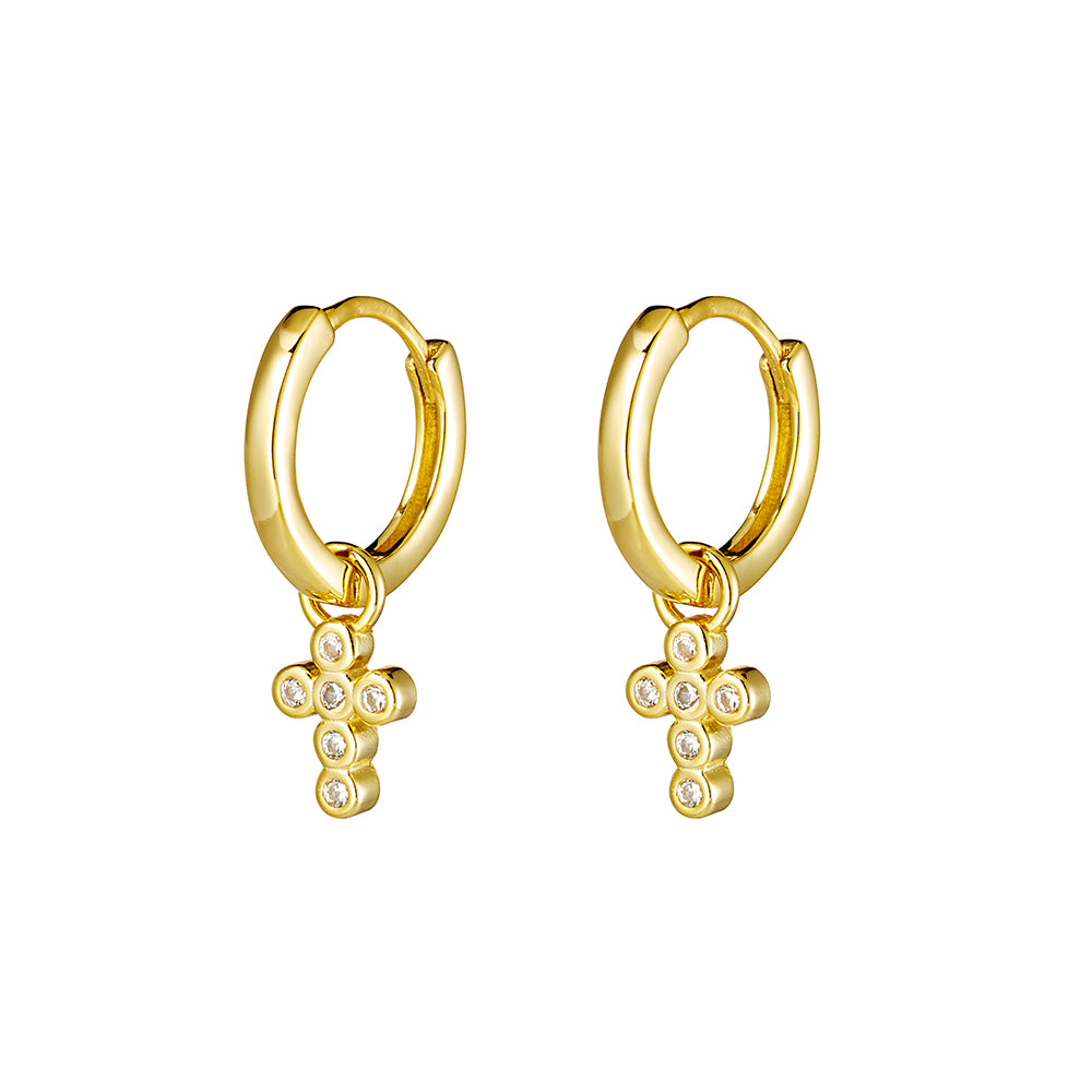 Gold Plated Huggie Hoop with Cubic Zirconia Cross Charm
