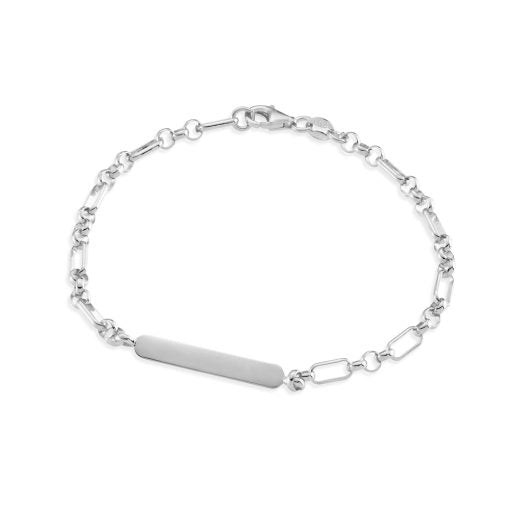 Sterling Silver Mixed Link Bracelet With Round Edged ID Plate