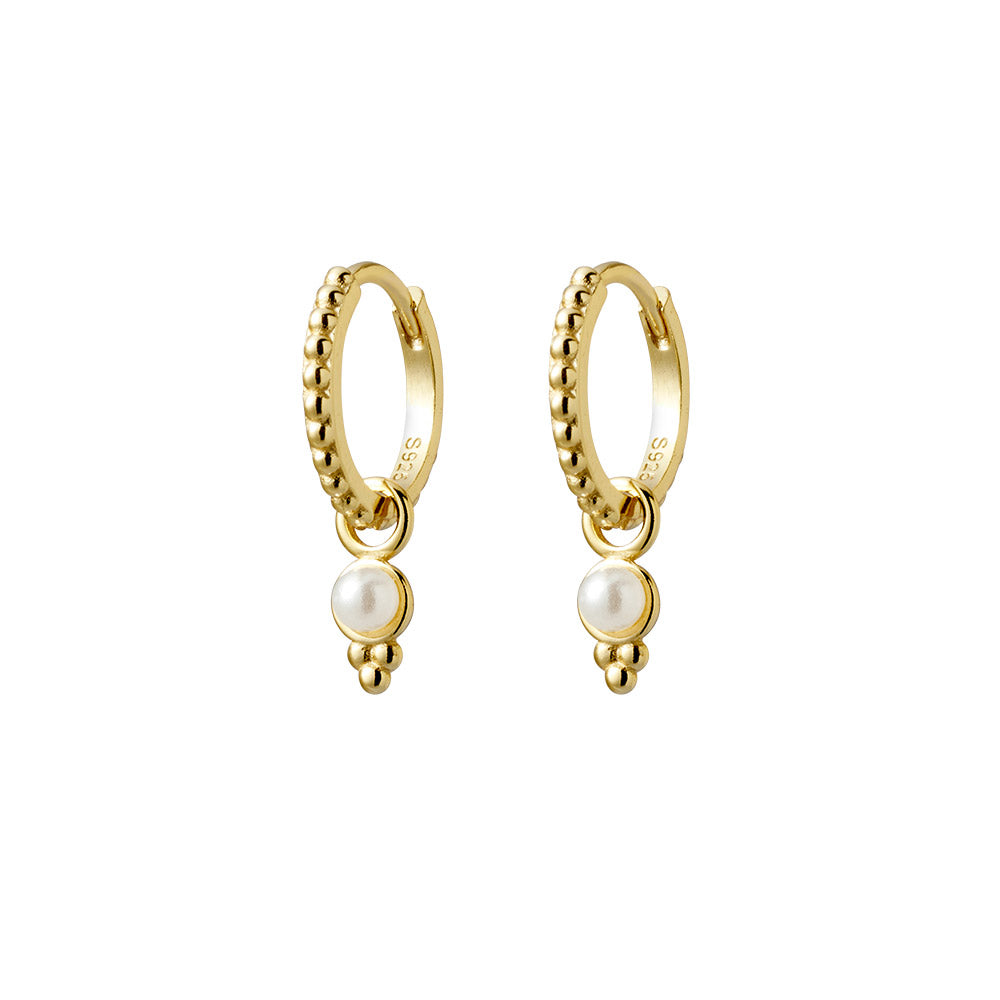 Gold Plated Patterned Huggie Earrings with Freshwater Pearl Charm