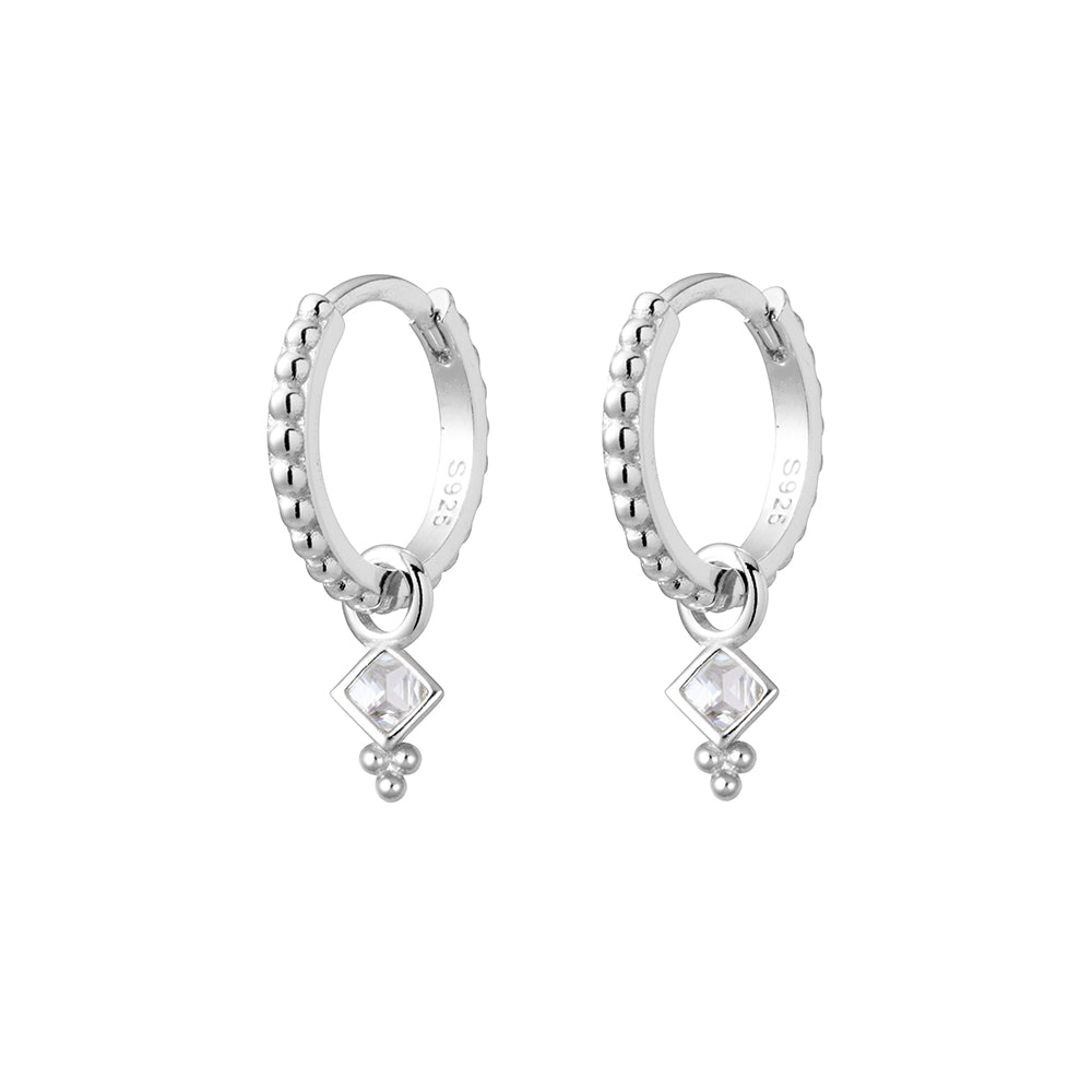 Sterling Silver Huggie Earrings with Removable Diamond-Shape Drop Charm